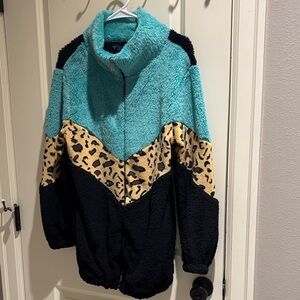 Lucky & Blessed (S) Teal, Leopard, and Black Teddy full zip Jacket (oversized)